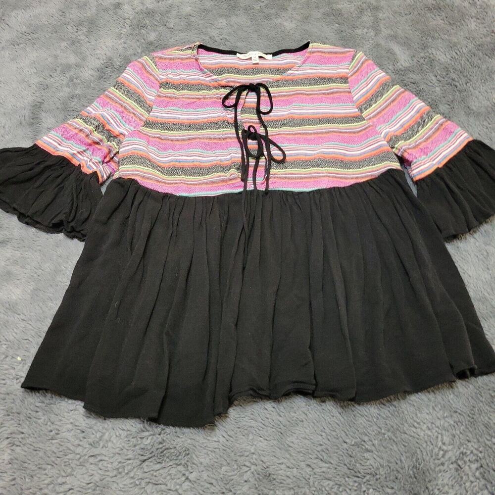 Blushing Heart Blouse Womens Medium Shirt Ruffle Black Boho Stripe Tie Front Top